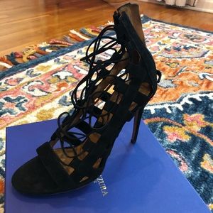 Aquazzura black suede strappy heels